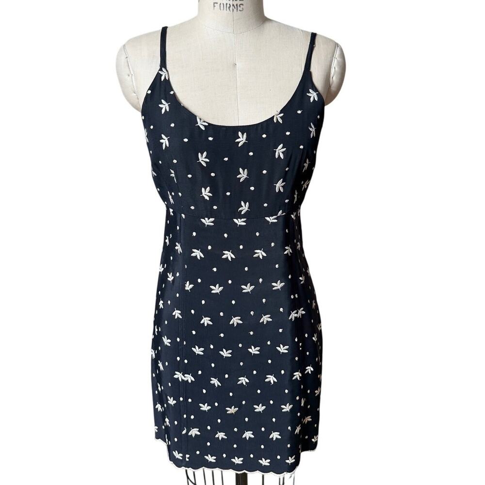 Betsey Johnson Vintage 90s Black Mini Slip Dress w/ Embroidery Size Large
